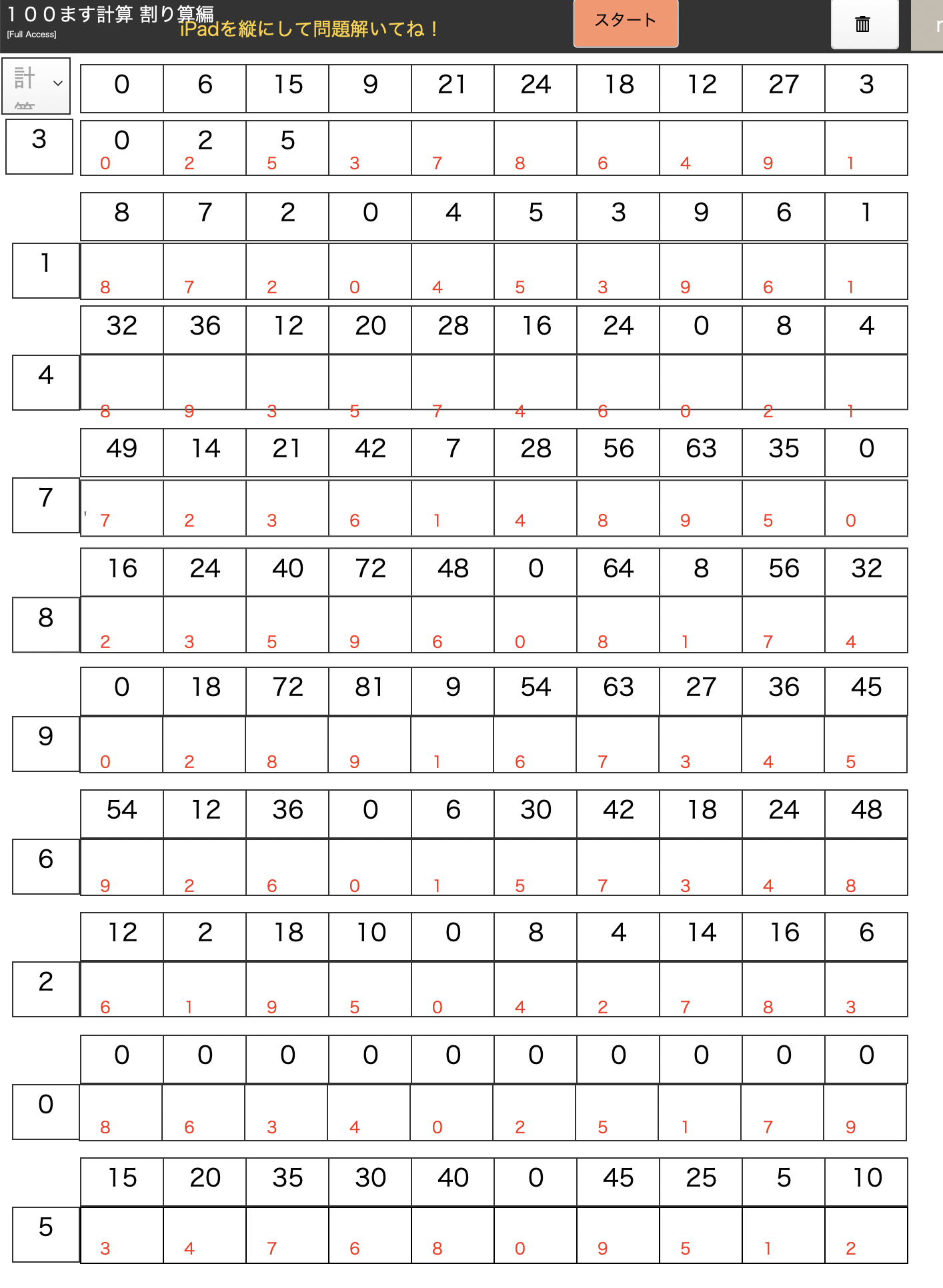 割り算編のプログラミング １００マス Filemaker 三重県四日市市の学習塾 京進スクール ワン富田教室